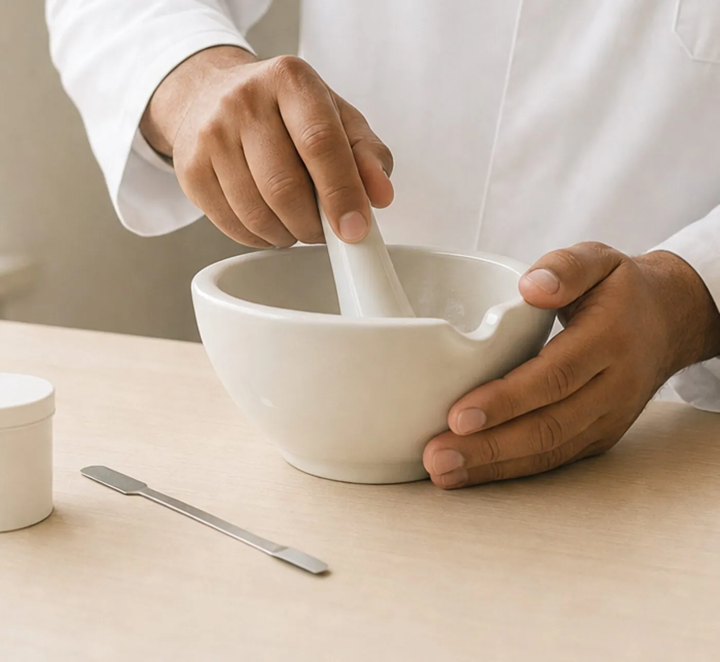 Ein Apotheker hält eine Porzellanschale fest und zerreibt darin etwas mit dem Pistill
